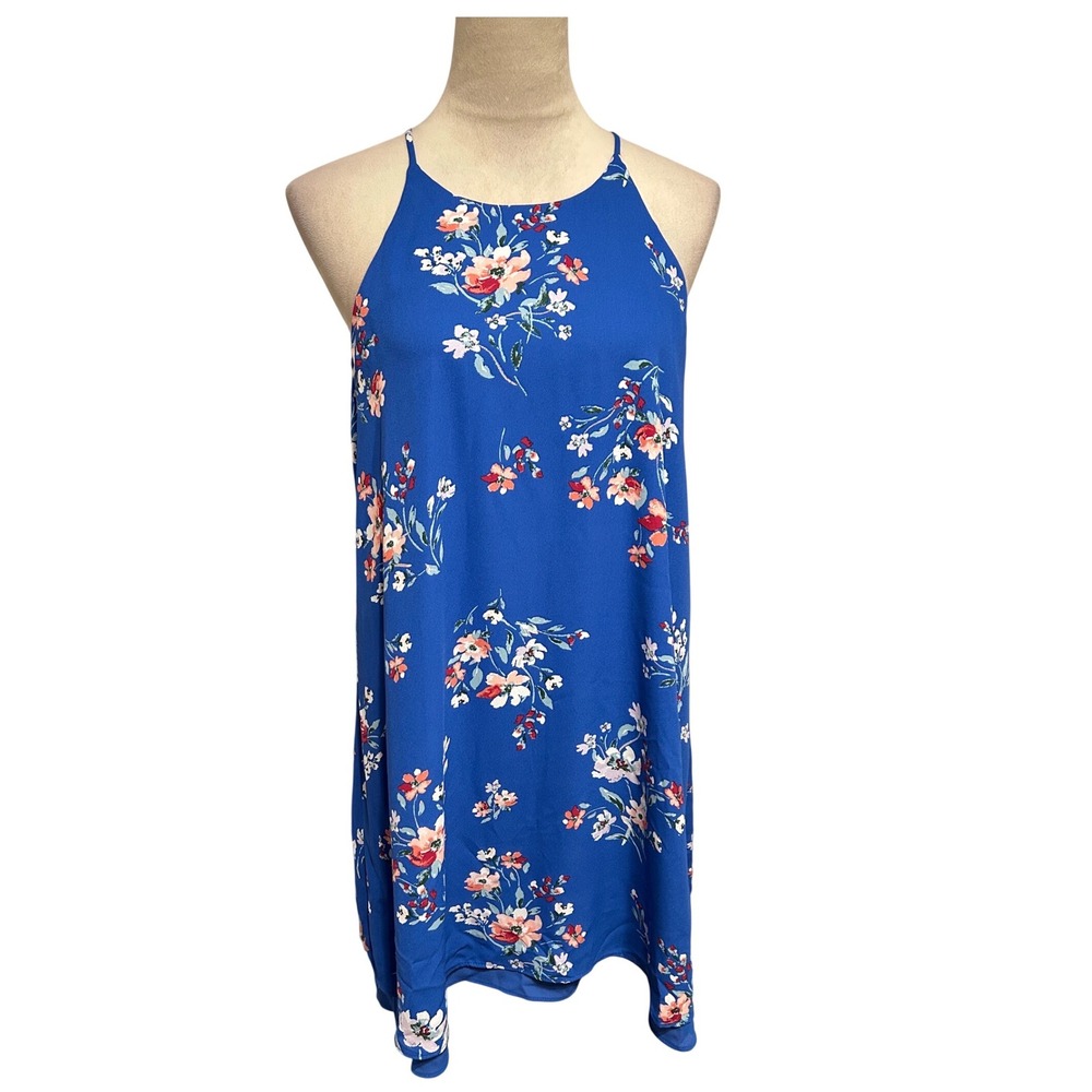 Pink Rose Womens Blue Floral Sleeveless Halter Shift Dress